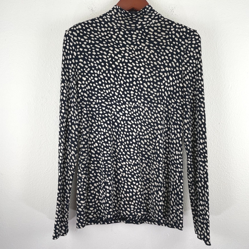 Tory Burch Black Cream 100% Silk Mock Neck Dot Print Top XL French Chic Luxury